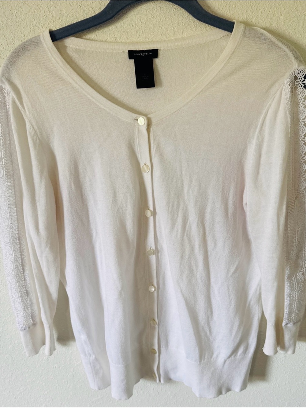 Ann Taylor White Lace-Sleeve Button-Front Cardigan Size Sm